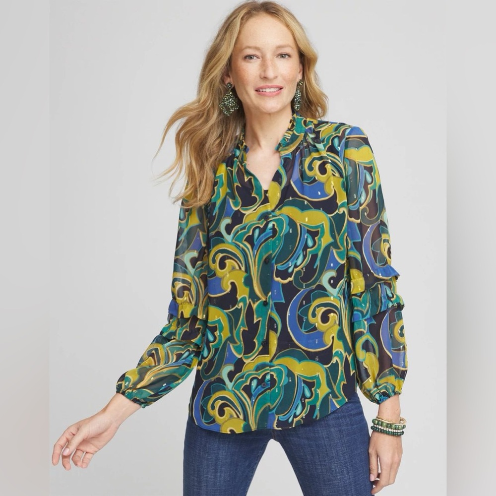 Chico’s Chiffon Clip Dot Swirl Print Blouse Size 1 / 8-10 / M - NEW WITH TAGS